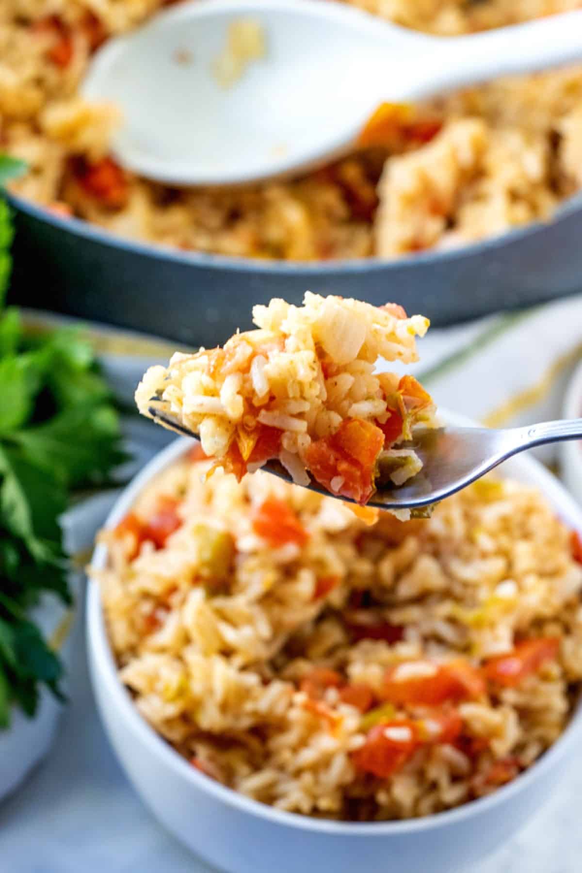 Spanish rice is in a white bowl with a hank poking in a fork and pulling up a bite towards the camera lens. The partially full skillet is behind.