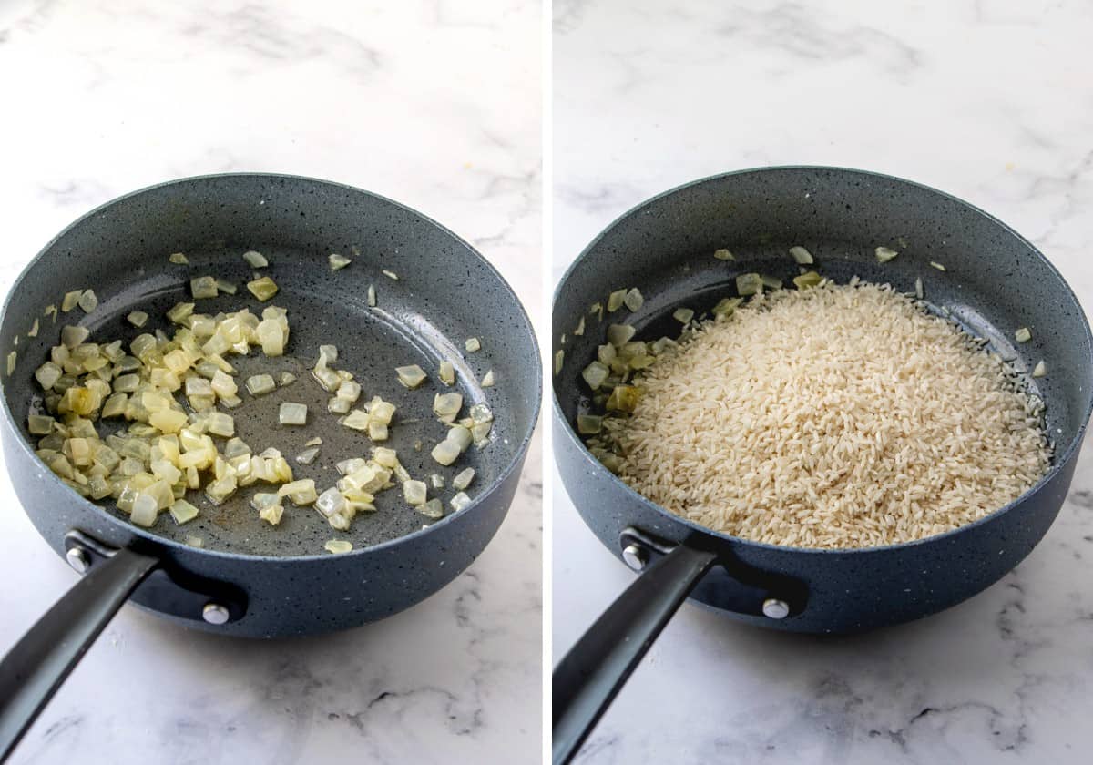 Two photos showing the process of sautéing onion and then adding the rice to sauté.