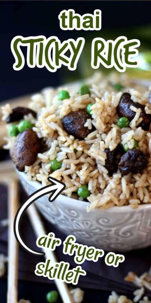 Rice with mushrooms and peas is filling a patterned bowl and is tilted towards the camera. Chopsticks are on the side and text above for pinning.