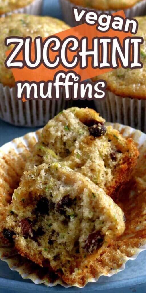 Close view of zucchini muffins with the front muffin opened to see the moist insides. Text above for pinning.