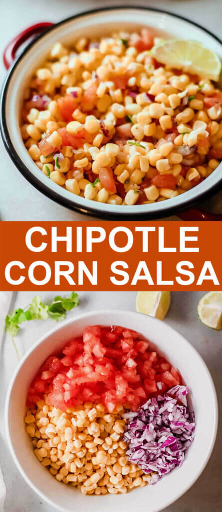 Two photos one above the other with a bowl of corn salsa on the top and all of the ingredients separated in a bowl ready to be mixed on the bottom.