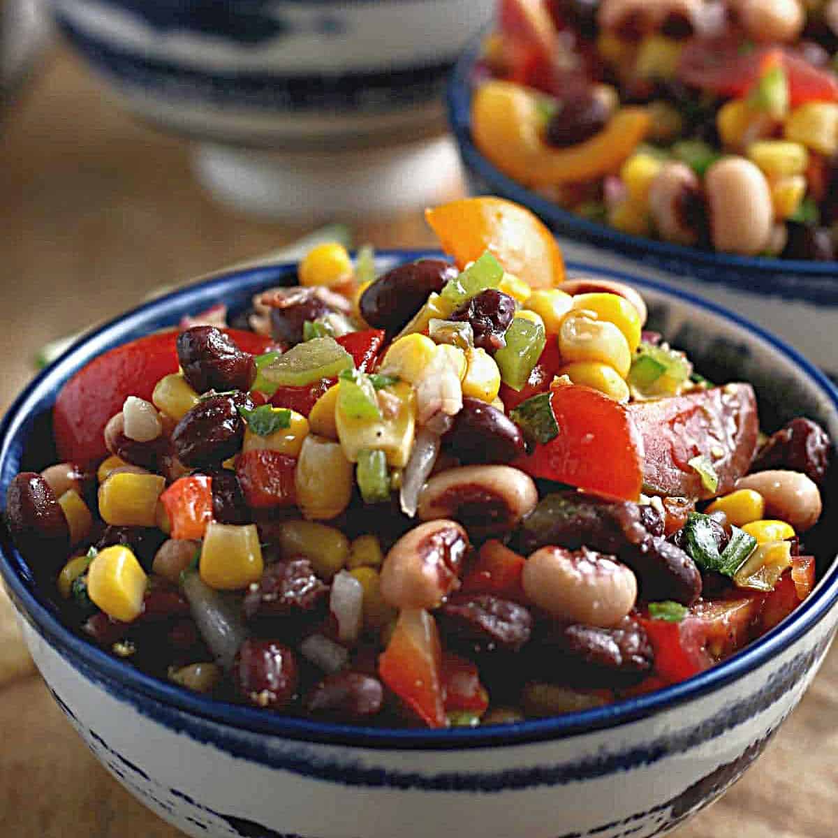 Closeup bowl filled with beans and diced veggies and glistening with a rich vinegar dressing.