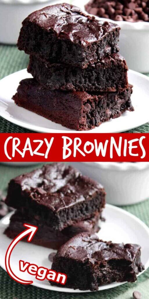 Two photos one above the other with stacks of brownie squares with a bite out of one. Text in red and white for pinning.