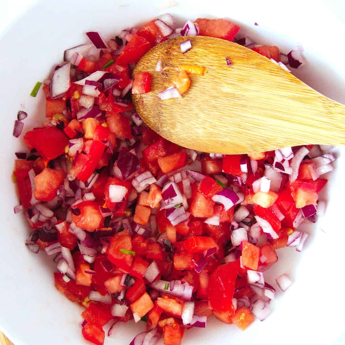 Looking down in a bowl of the first mixed ingredients, red onion and tomatoes.