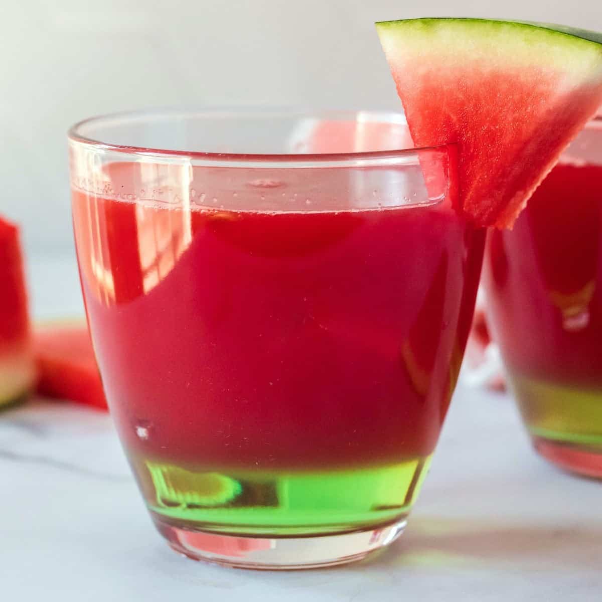 Straight on photo of a tumbler filled with a bright red cocktail with a watermelon wedge used fror garnish.