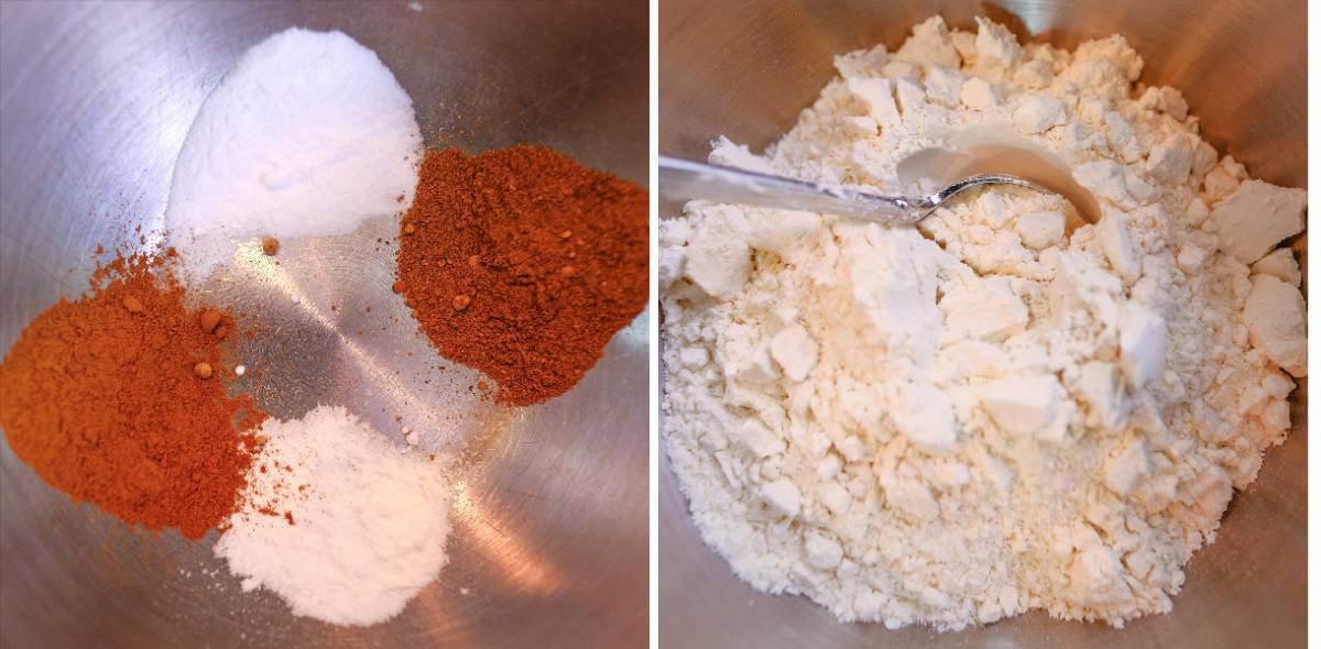 One bowl showing al of the spices and another with the rest of the dry ingredients.