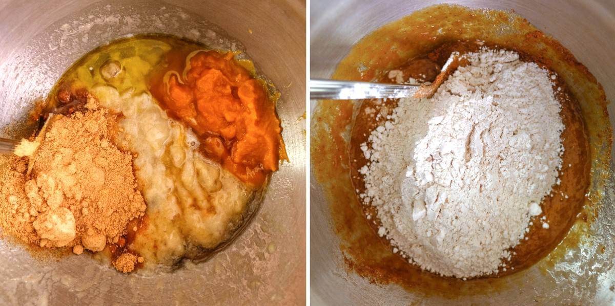 A mixing bowl with the liquids and another bowl adding in the flour.