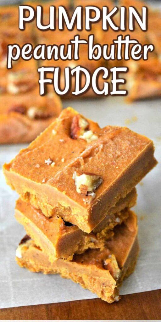 Three squares of pumpkin fudge stacked on top of each other with text above.