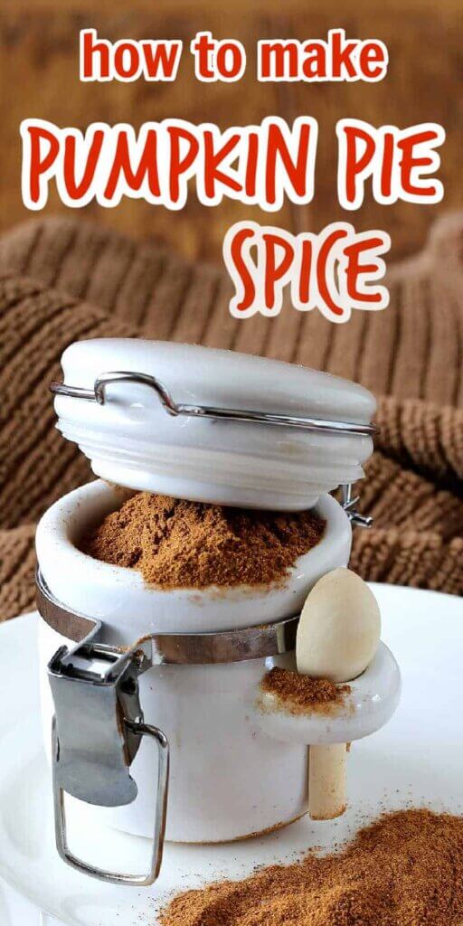 Mini white clamp jar filled with overflowing pumpkin pie spice onto a white plate.