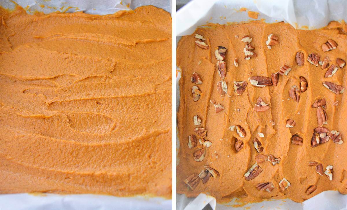 Two process photos showing spreading the fudge in a pan & sprinkled with pecans.