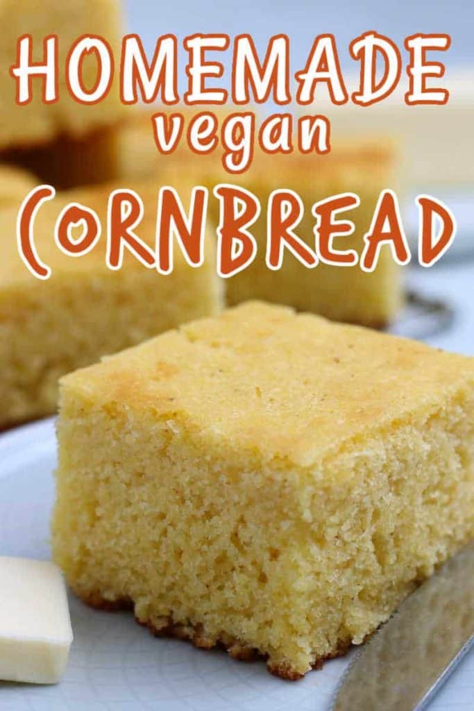 close up of one square of cornbread with text above in orange.
