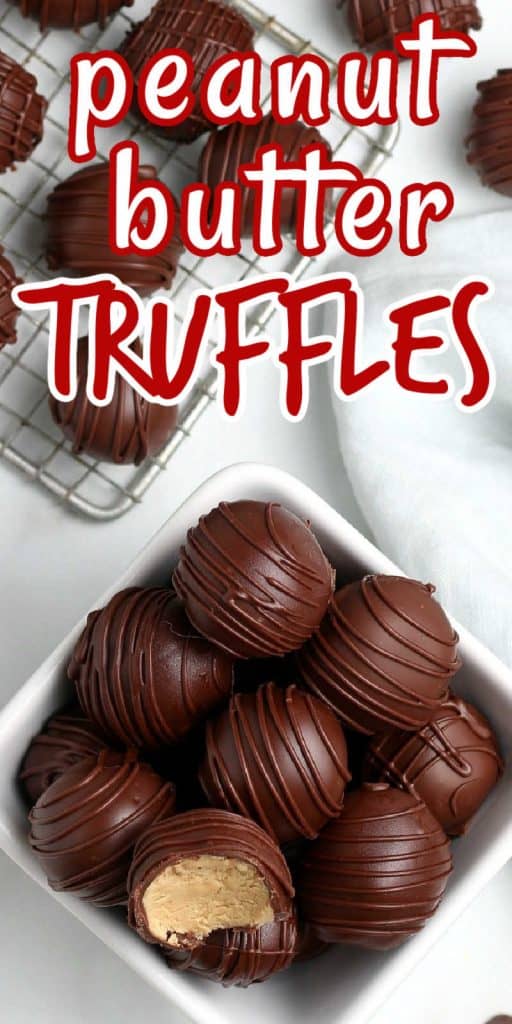 Overhead view of chocolate covered peanut butter truffles with red text above,