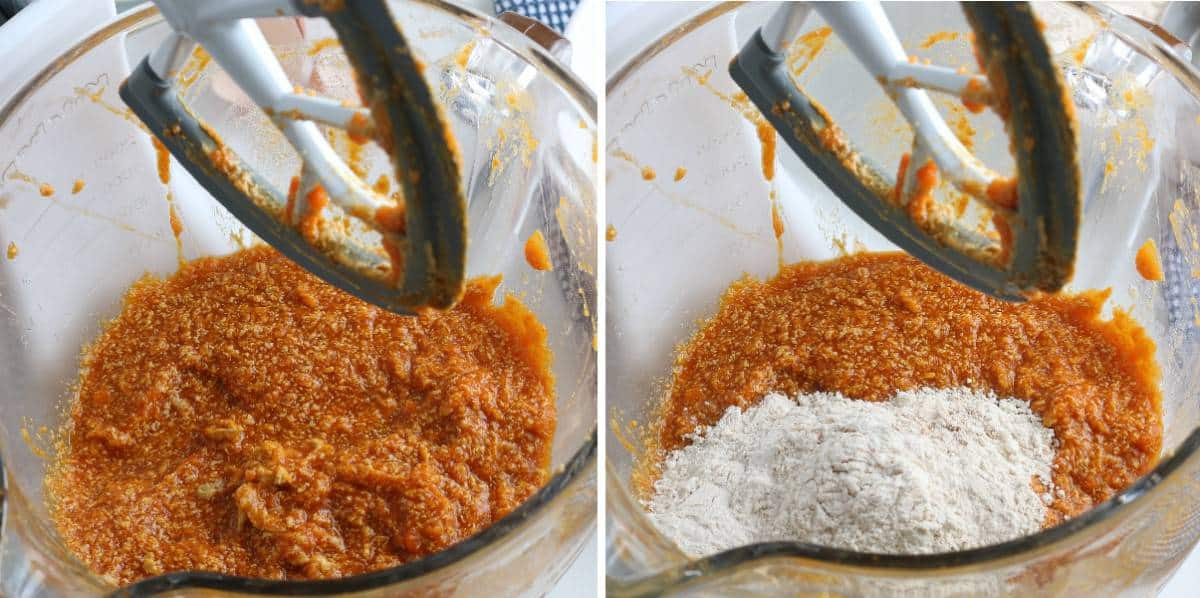 Two process photos howing the wet pumpkin mixture and then one with flour being added.