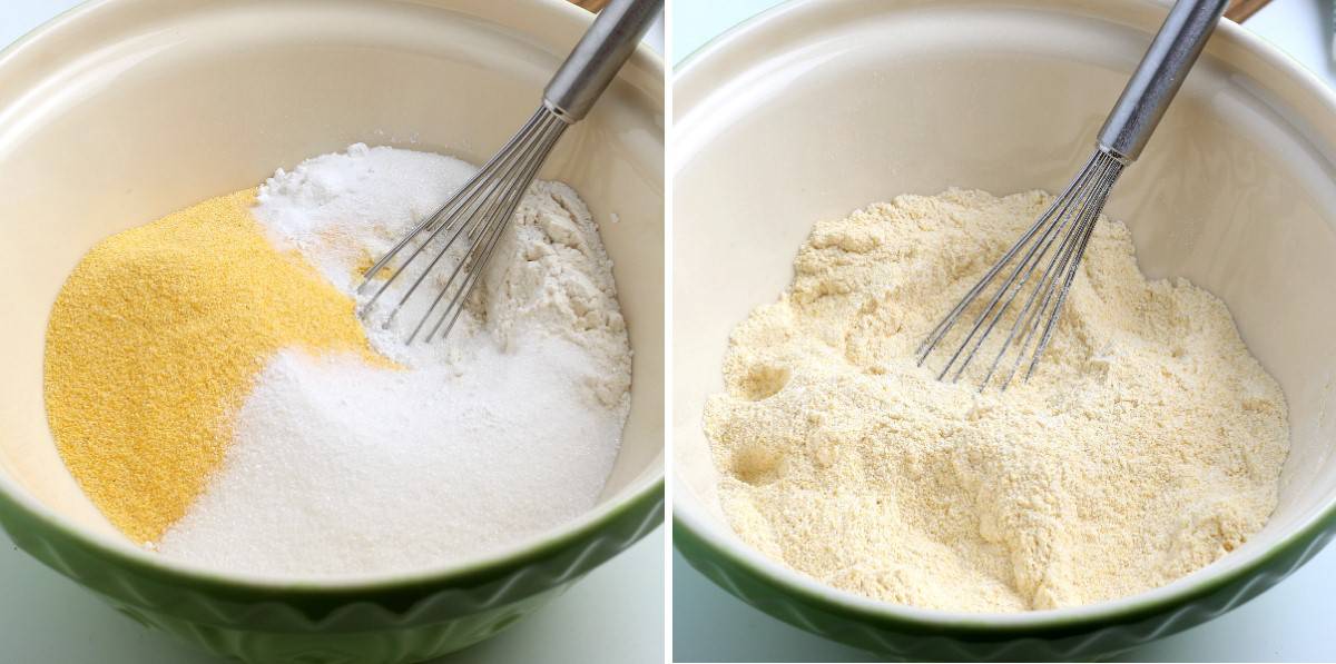 Two process photos showing the dry ingredients measured and then mixed.