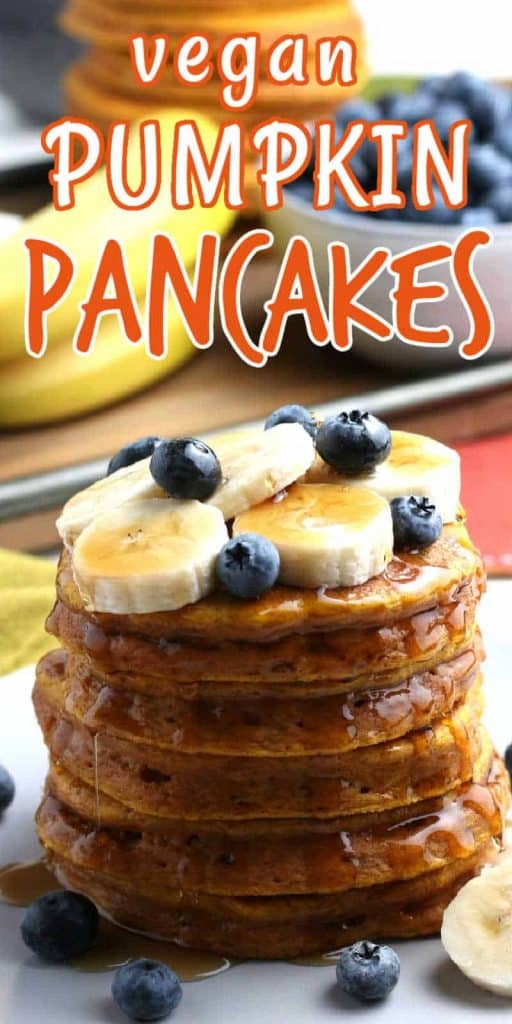 Five pancakes stacked high with syrup and fruit on top and text above that.