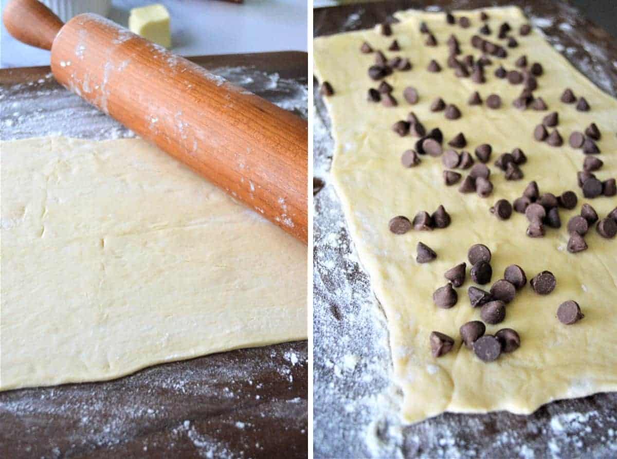 Two photos of rolling out dough and sprinkling on chocolate chips.