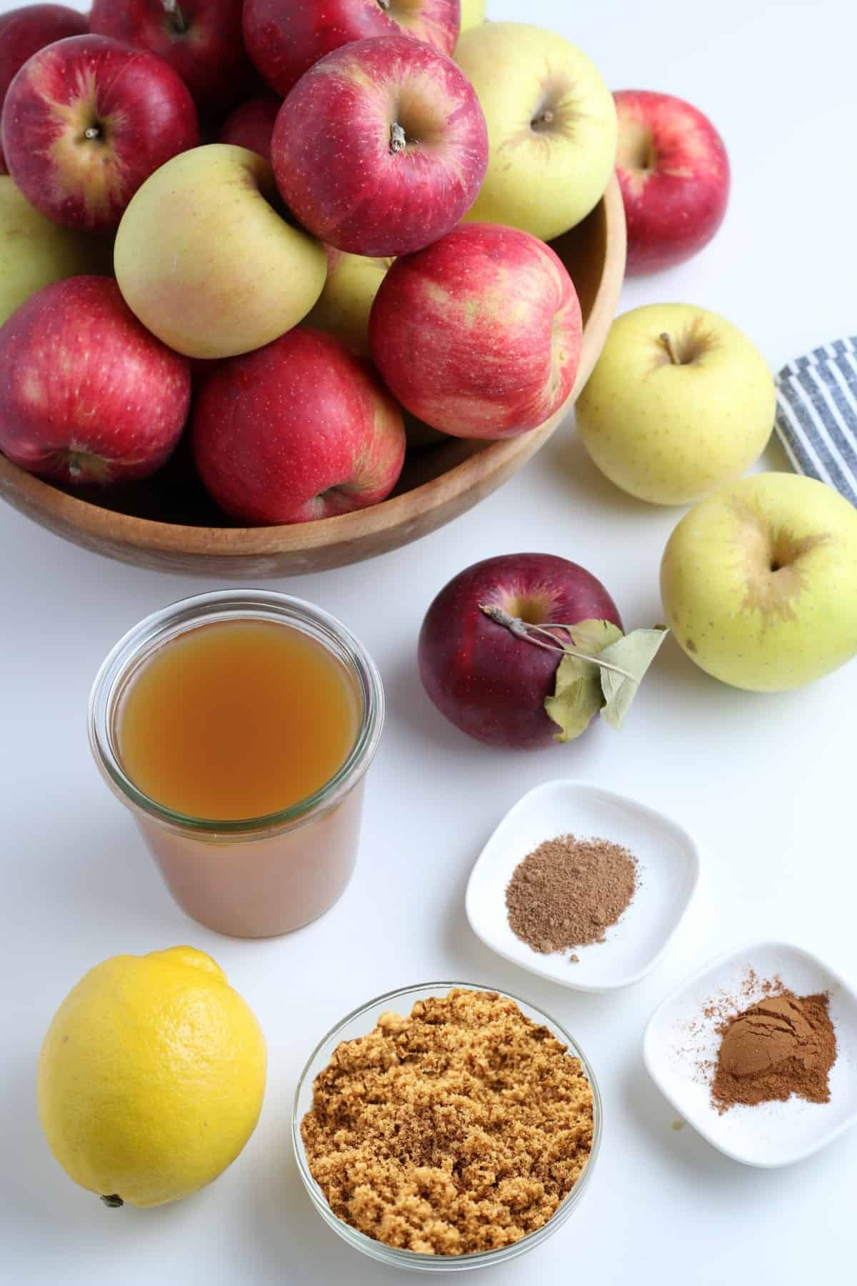 All of the ingredients to make homemade applesauce.