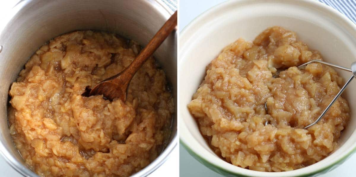 Two process photo showing cooked apples and then mashing them.