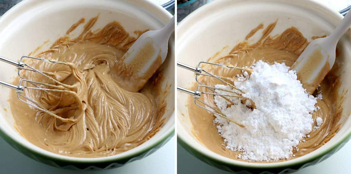 Two process photos showing creamy peanut butter and also adding powdered sugar.