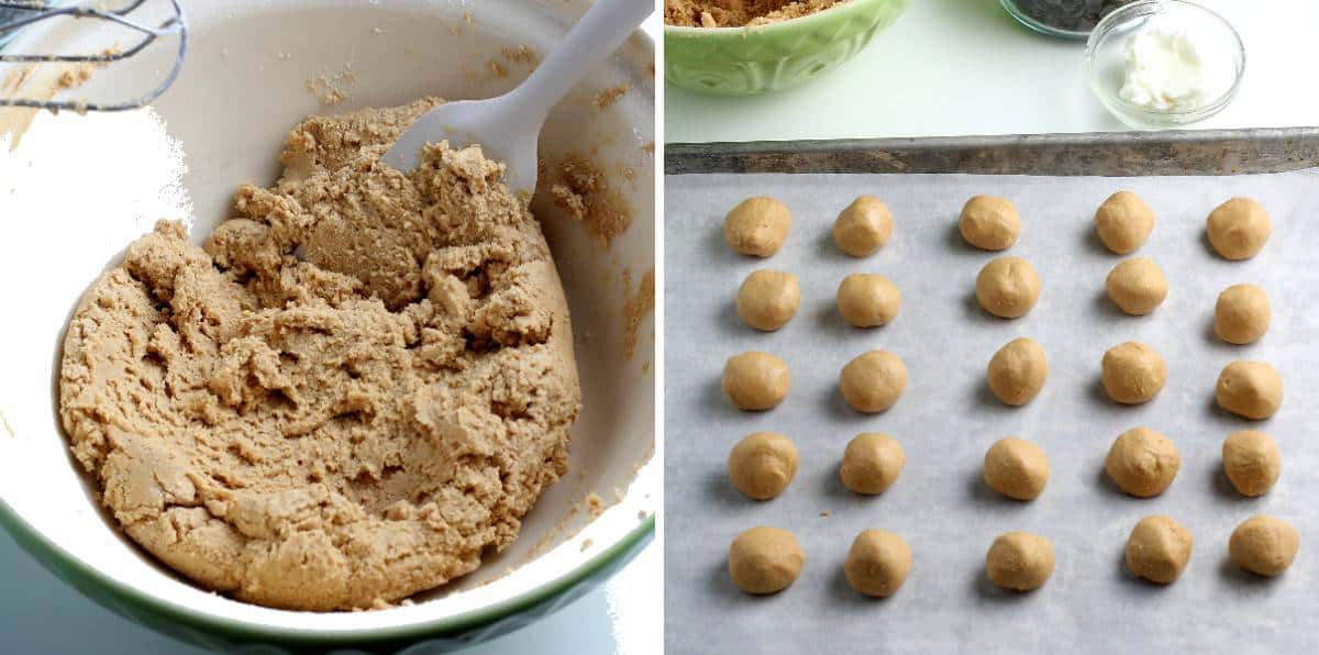 Two process photos showing the candy dough and then rolled into balls.