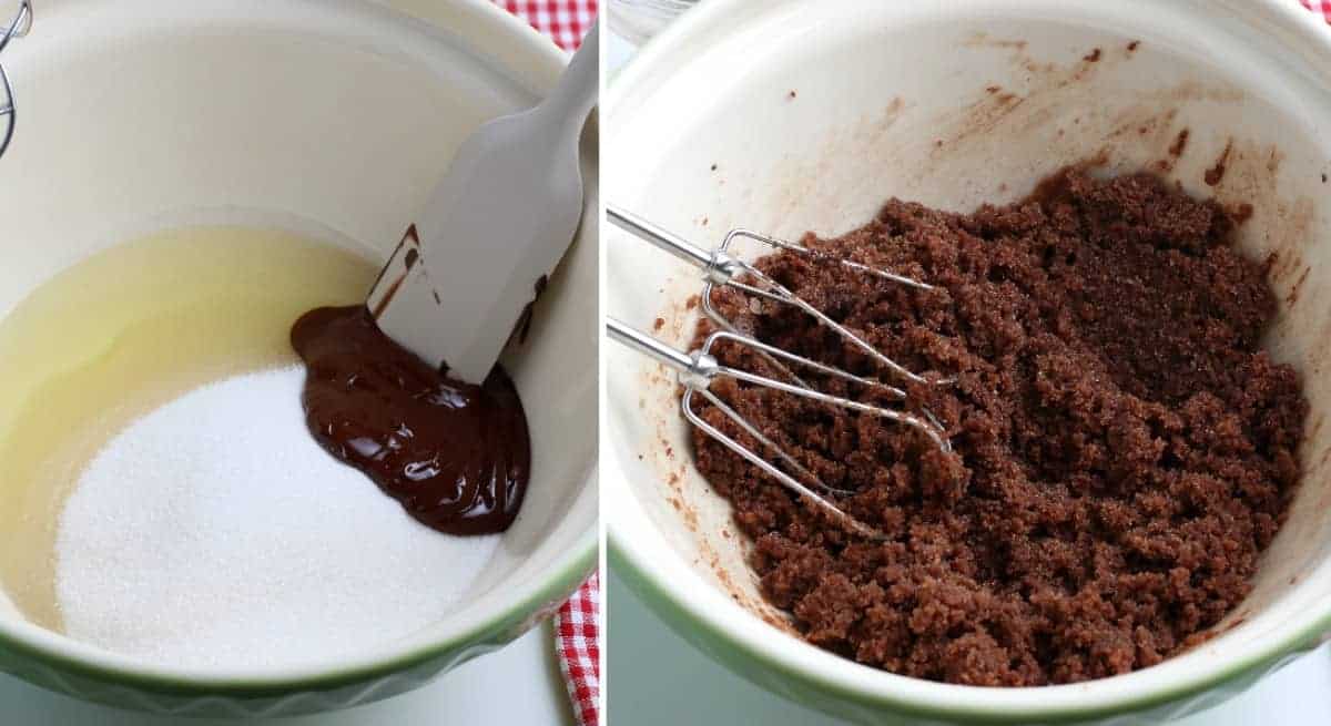 Two process photos showing mixing the chocolate with oil and sugar.