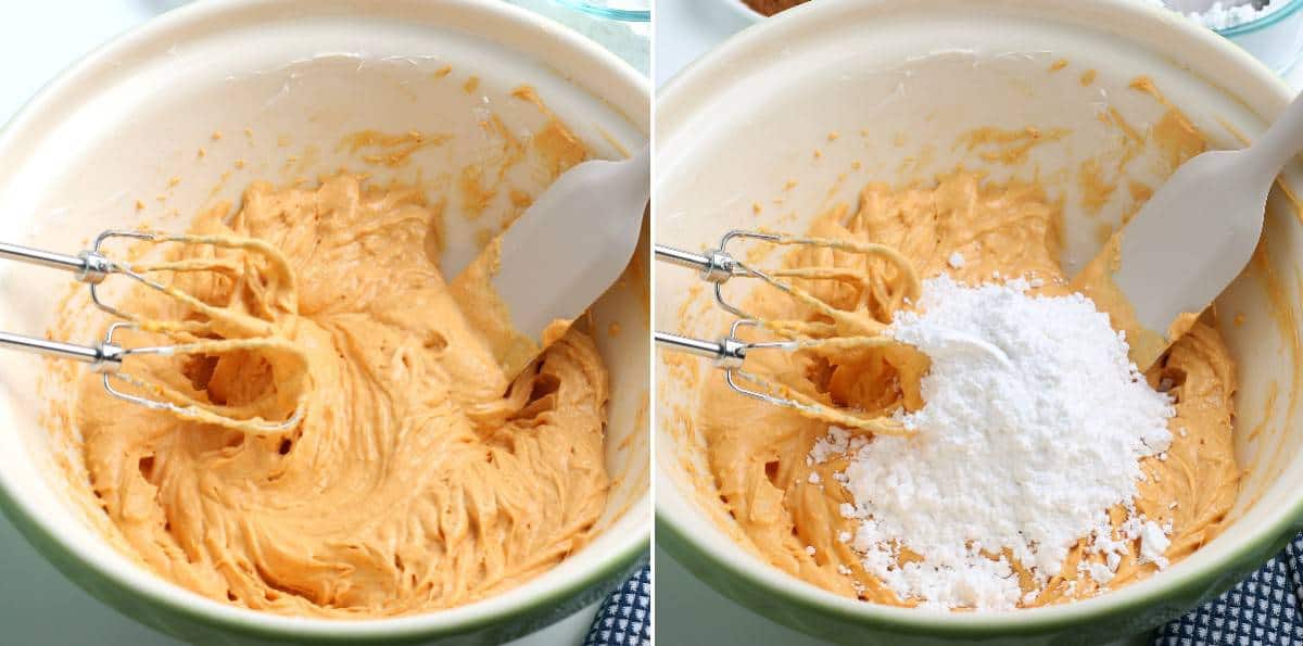 Two process photos showing the powdered sugar being beaten into the cream cheese mixture.