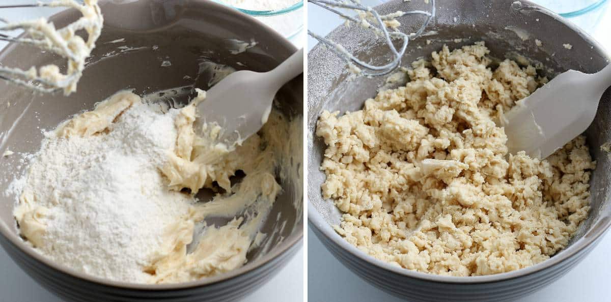 Two process photos showing flour and wet mixture being combined for the dough.