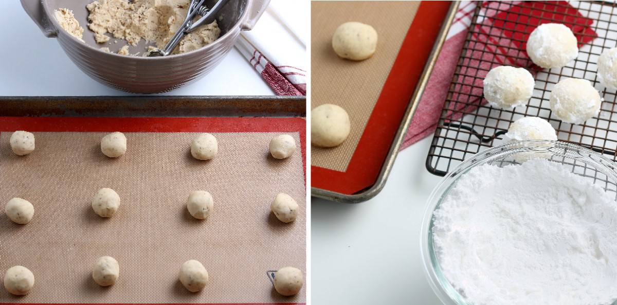 Two photos showing cookies rolled and unbaked and then baked and dredged in sugar.