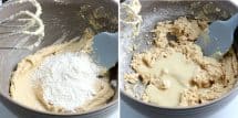 Two photos showing adding flour and the vegan milk to the mix.
