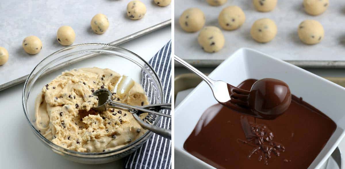 Two photos showing the scooping up of the cookie dough balls and dunking in chocolate.