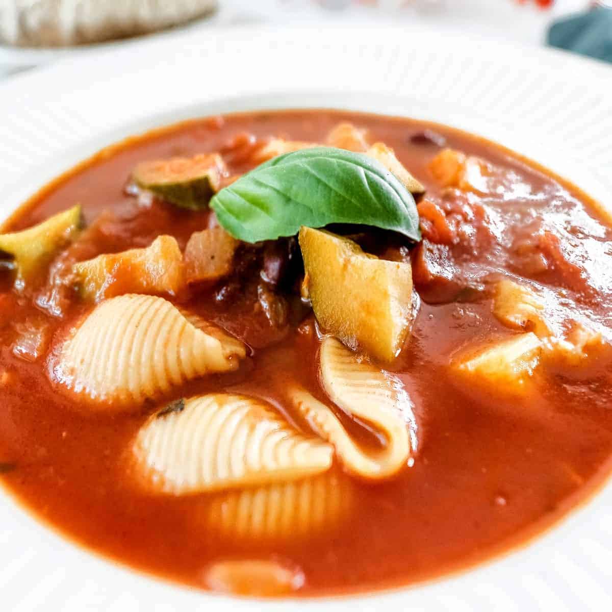 Angled bowl filled with minestrone soup with pasta shells.