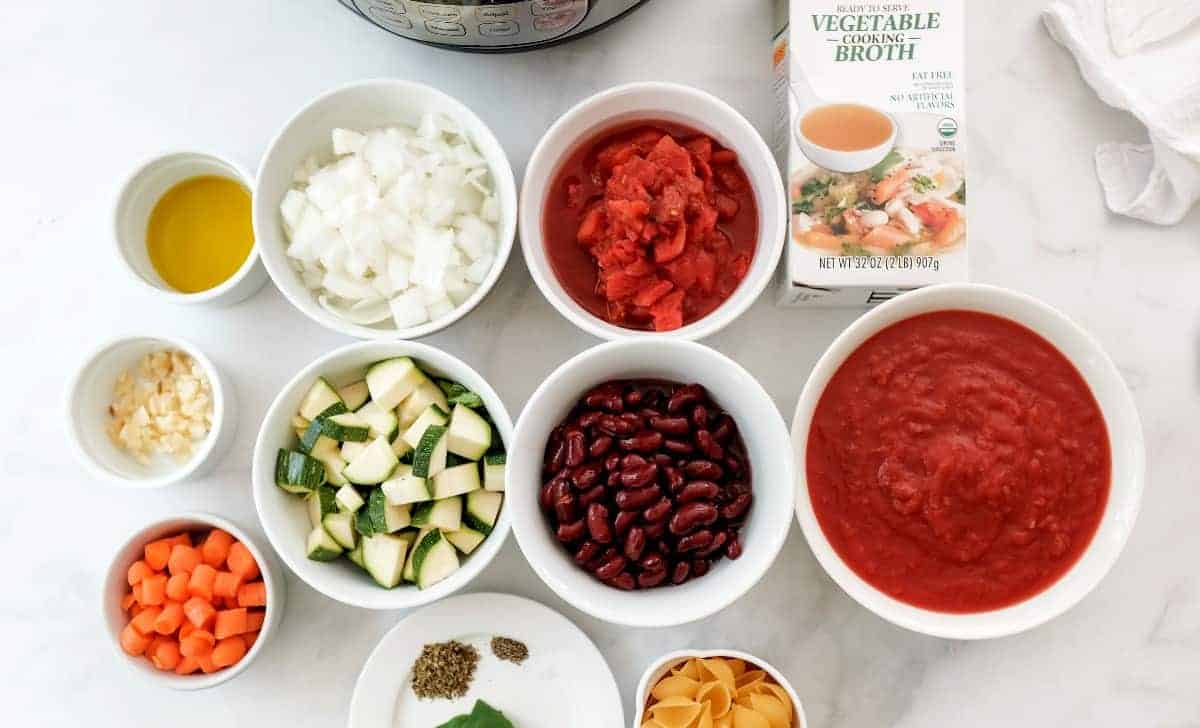 Overhead photo of all of the ingredients for instant pot minestrone soup.