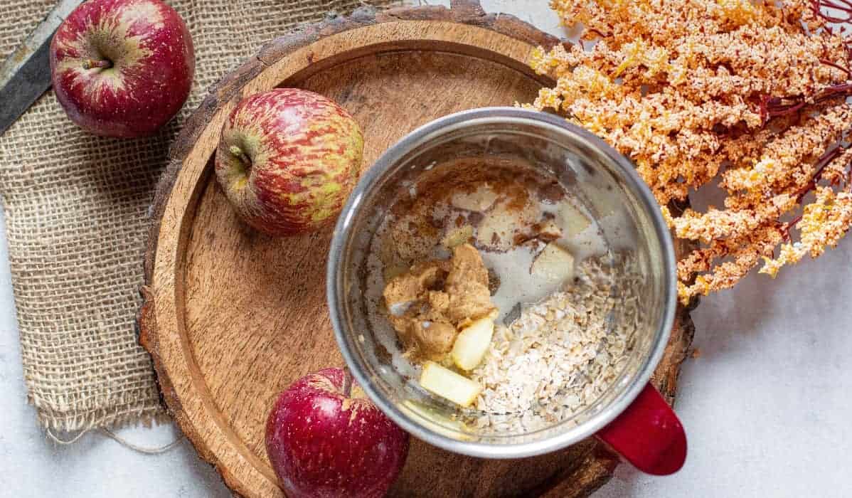 Overhead view for all ingredients to make an apple smoothie recipe healthy style.