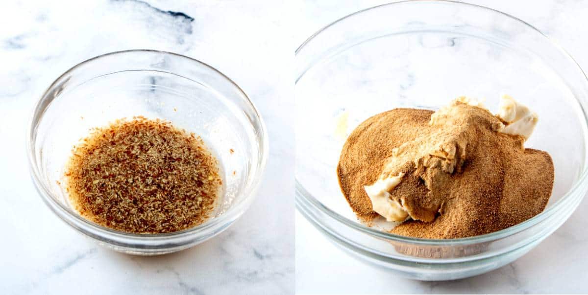 Two process photots of an egg substitute and a bowl with sugar and butter.