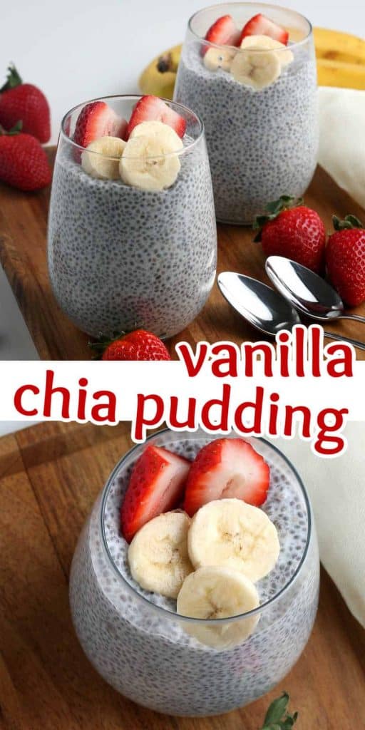 Two photos showing different angles of clear glass tumblers filled with chia seed pudding.