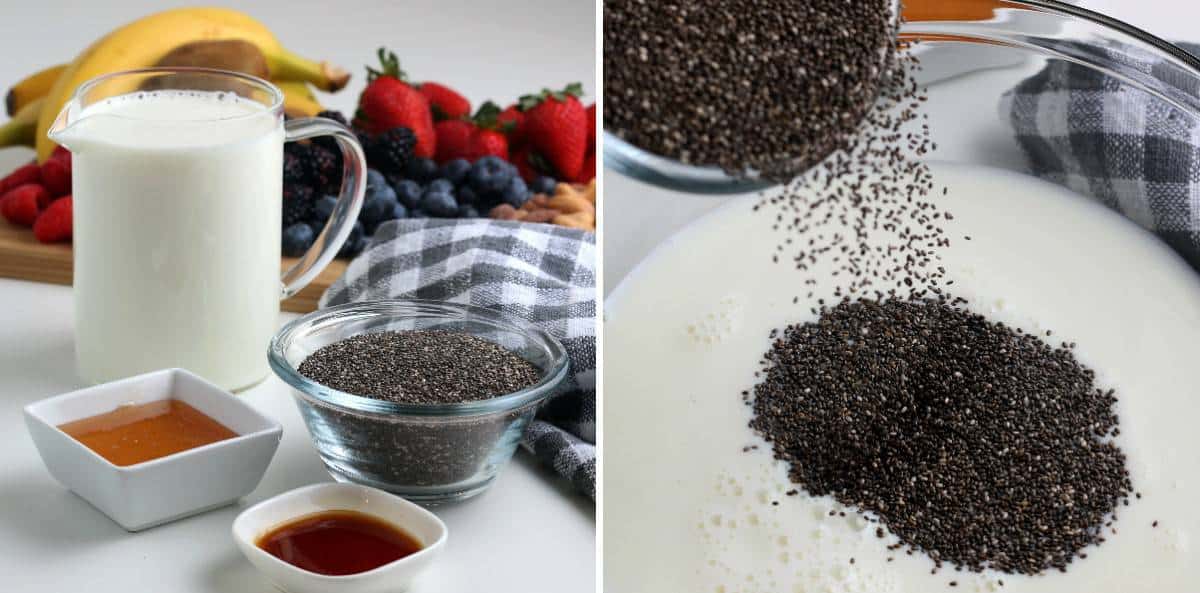 Two process photos of the ingredients and sprinkling chia seed onto dairy free milk.