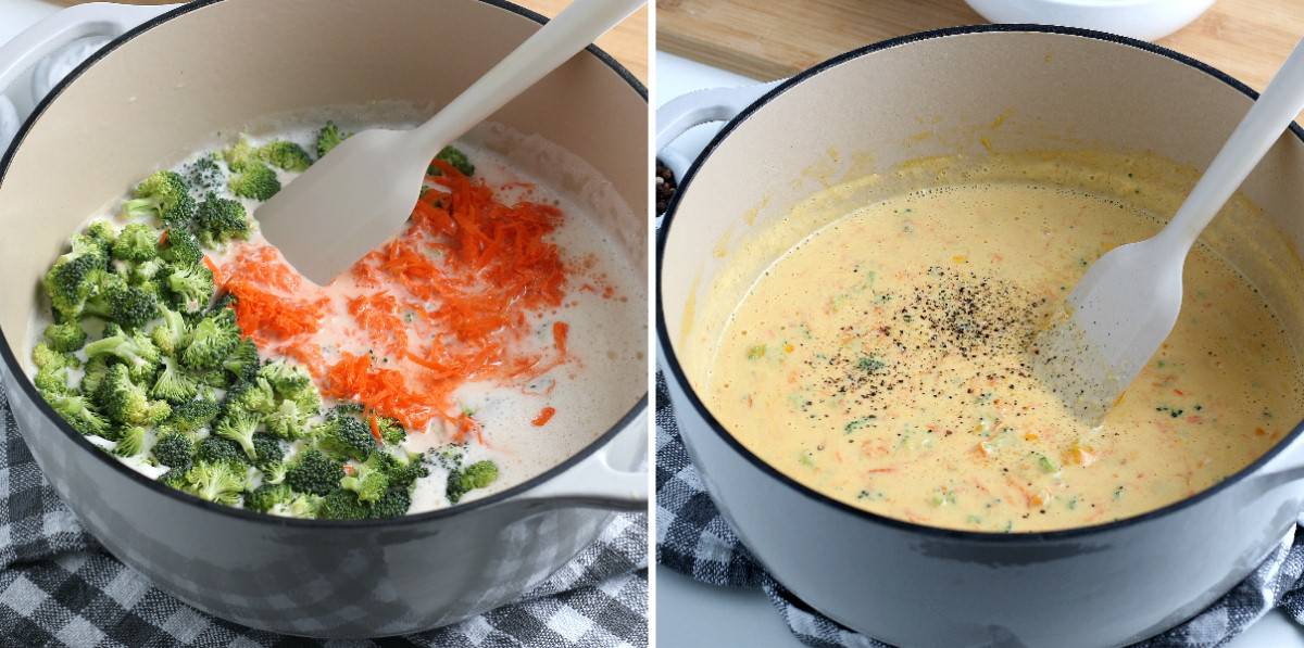 Two photos showing adding vegetables to the soup and then the dairy free cheese.