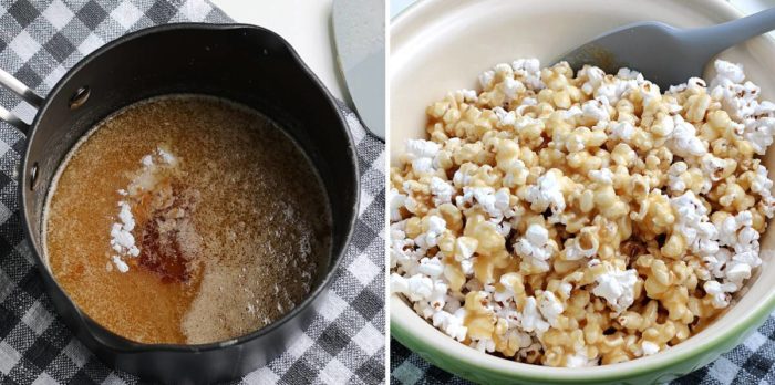 Cooking the caramel and then showing it over popcorn in a bowl.