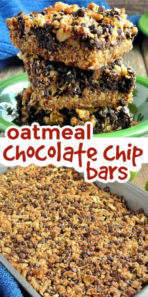 A stack of Oatmeal Chocolate Bar dessert and in a pan fresh out of the oven.