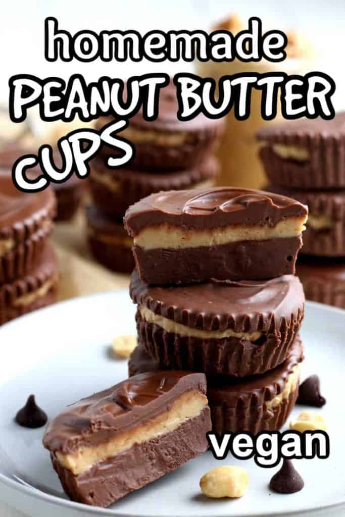 Peanut butter cups stacked on top of each other with text at top and bottom.