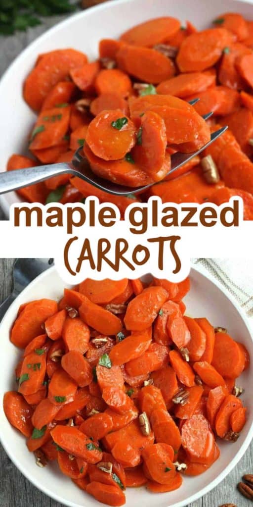 Two different photos and angles of maple glazed carrots.