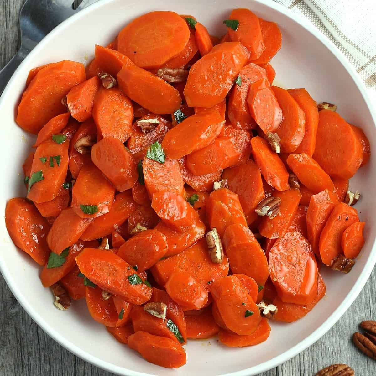 Close up of overhead view cooked maple glazed carrots.