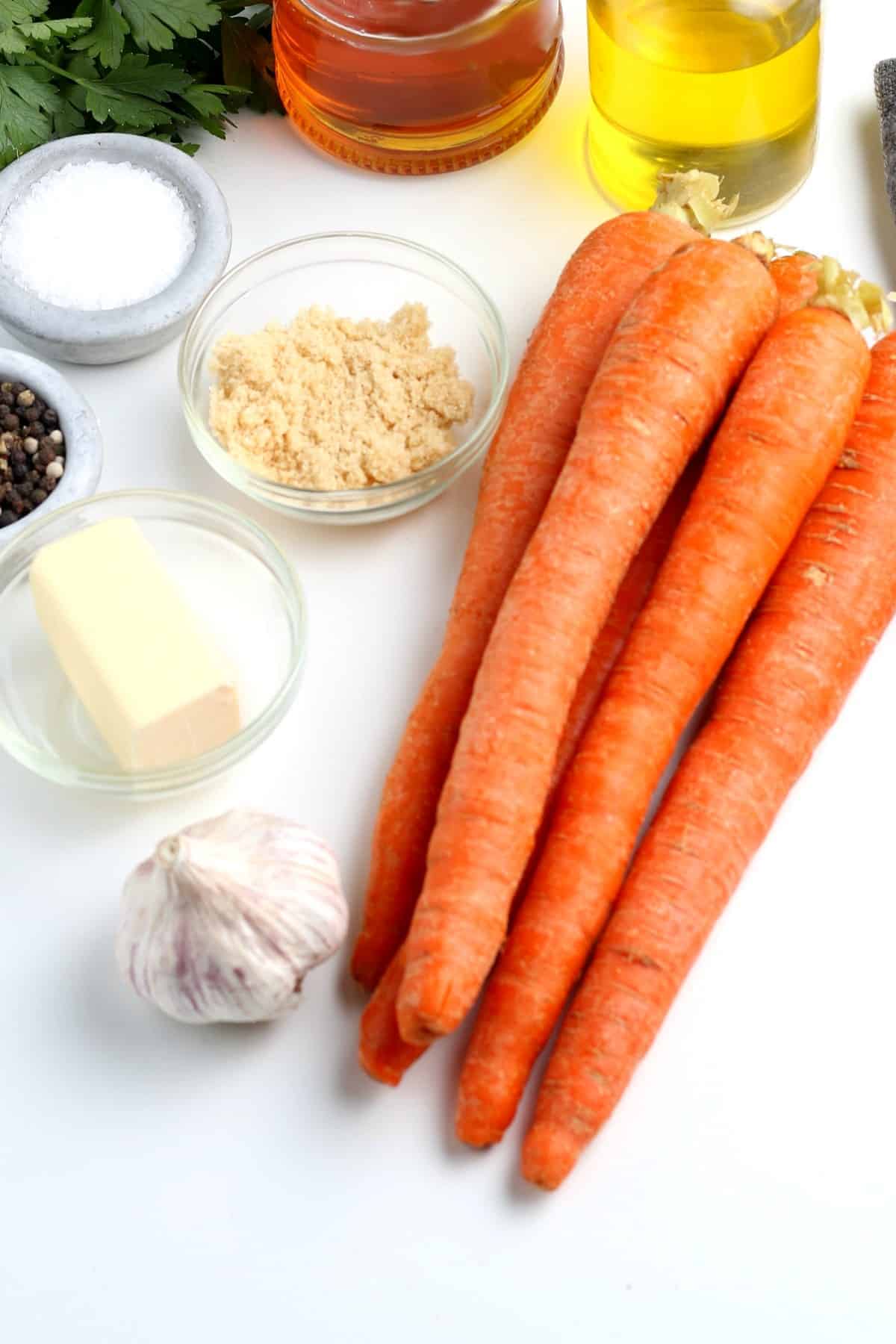 Ingredients to make glazed maple carrots all measured out.