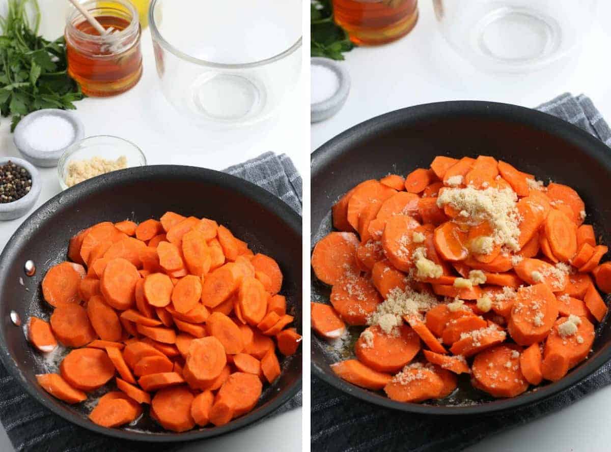 Vegetables are in a pan with brown sugar added for glazing.