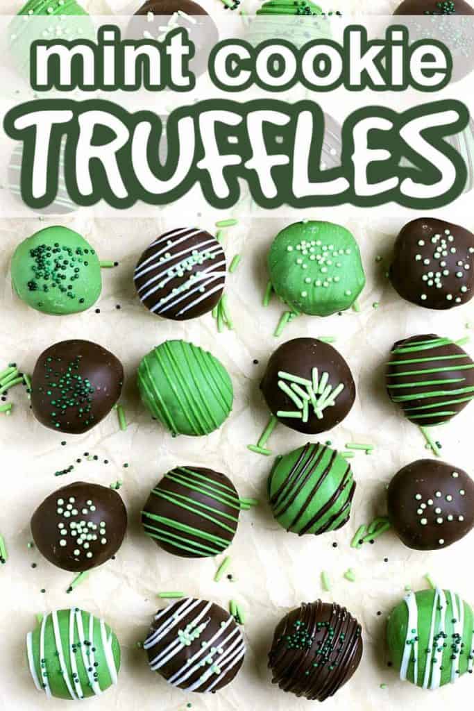 Chocolate and Green candy truffles are decorated with icing and sprinkles.