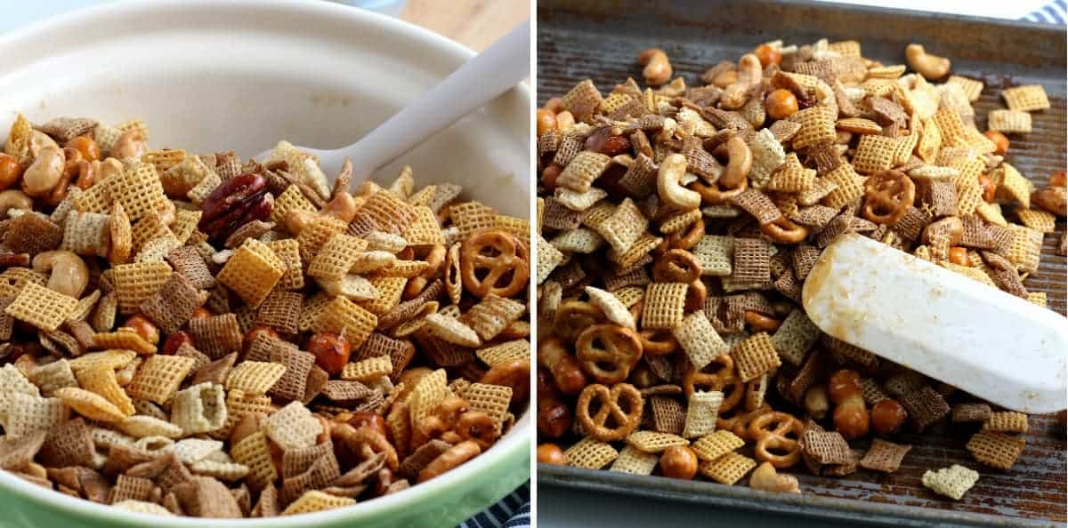 The mixed and tossed mix and then spreading it on a baking sheet.