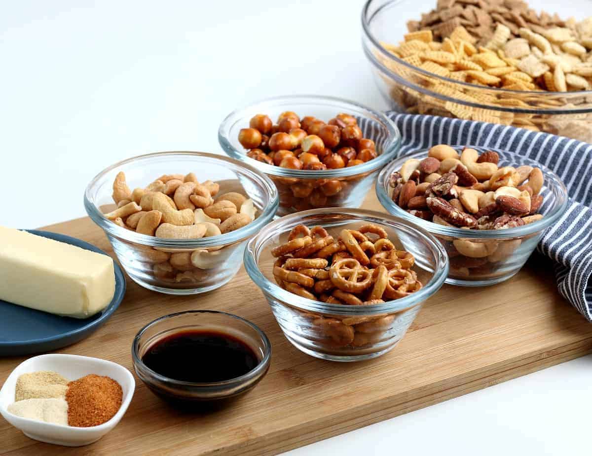 All the ingredients for a classic cereal and nuts party mix.