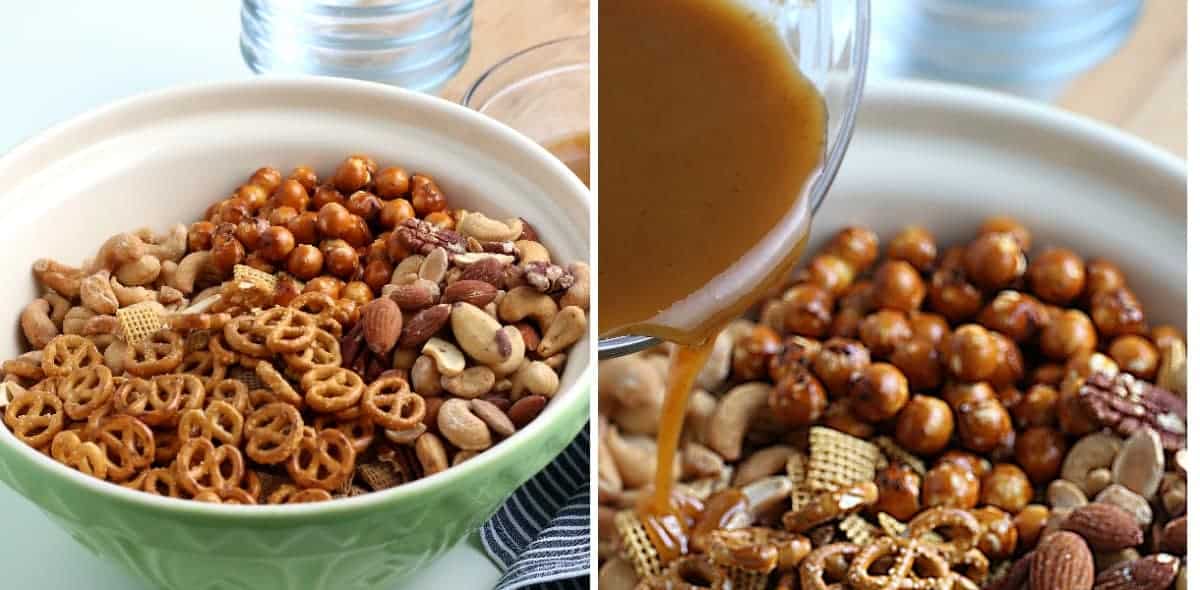 Chex mix in a large bowl and the seasoned liquid being poured over all.