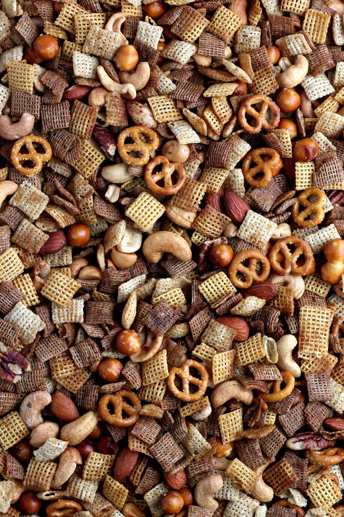 Close up overhead view of the snack mix straight of the oven.