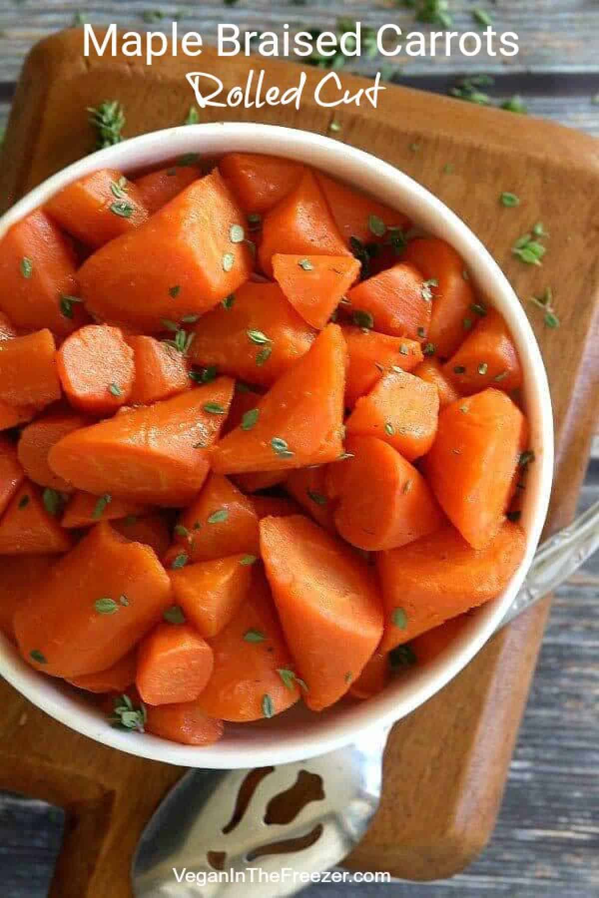 Overhead view of rolled cut carrots in a dish with text above.